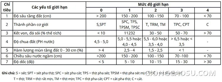 Bảng phân loại mức độ giới hạn 7 yếu tố đất trồng cây cao su theo hạng I, II, III, IV